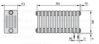 Схема (чертеж) Радиатор Zehnder Charleston 5026/12 №5510 Белый глянцевый RAL 9016